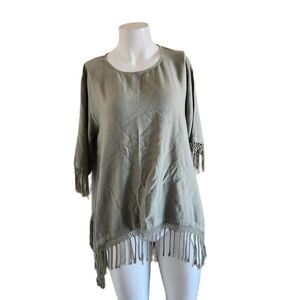Dairi round neck fringe crochet blouse sage green western boho top